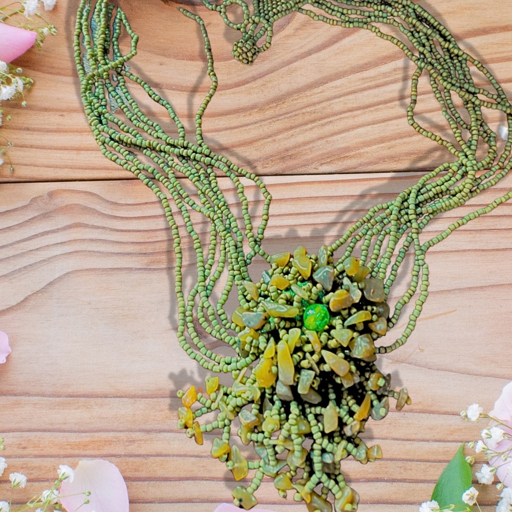 STATEMENT NECKLACE Multi Strand Seed Bead Green Flower Focal of Matching Beads